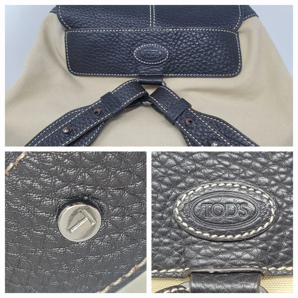 Tod's Brown Leather Canvas Large Backpack Bag Authentic